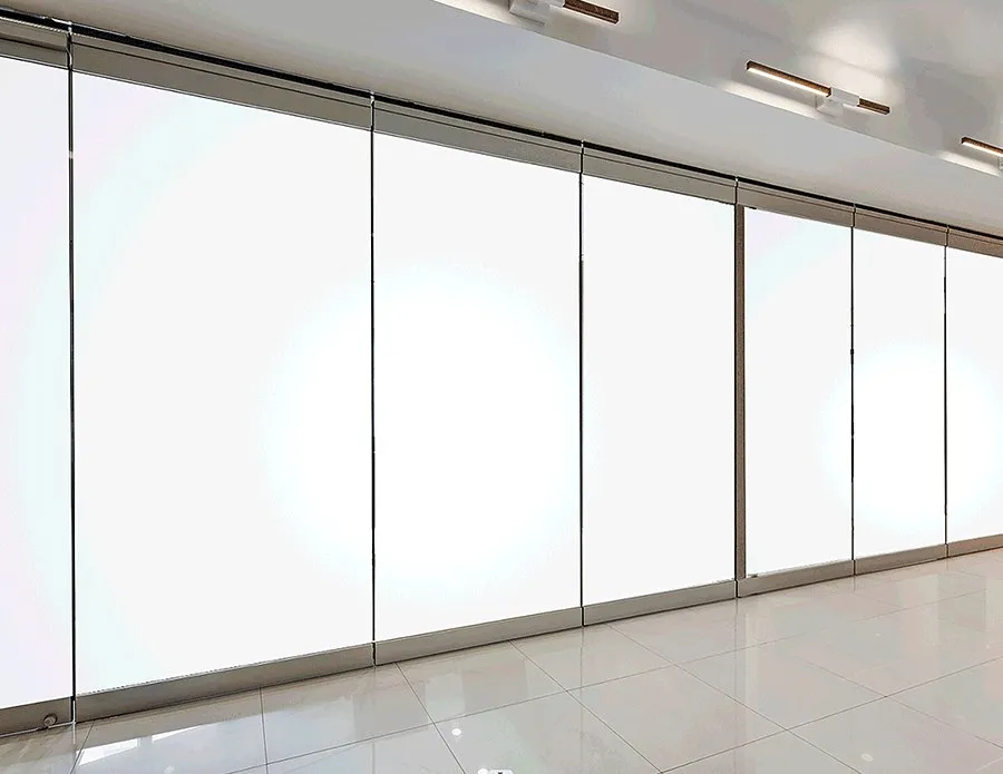 Glass partitions along a corridor