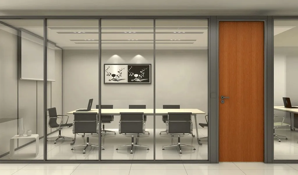 The same meeting room with the glass switched on and fully clear
