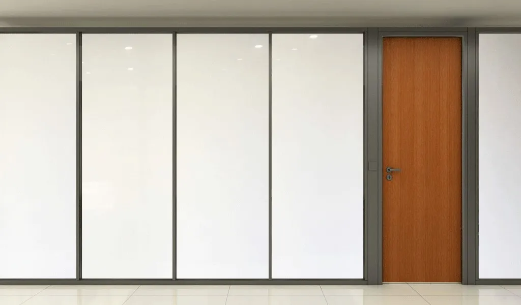 Meeting room with the switchable glass off, fully private